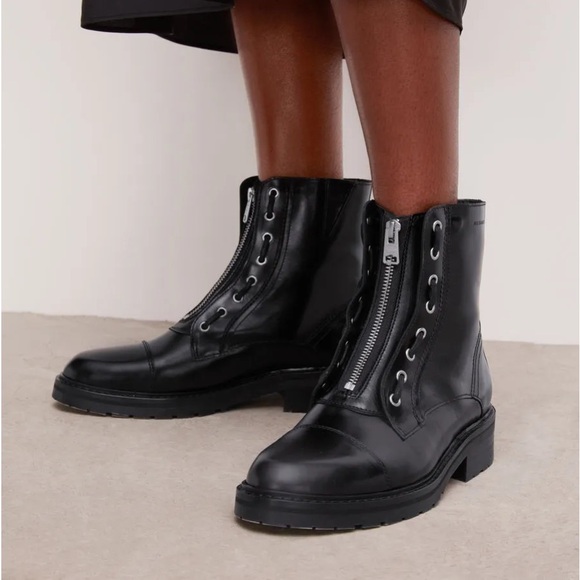Allsaints Ariel Front Zip Leather Black Booties